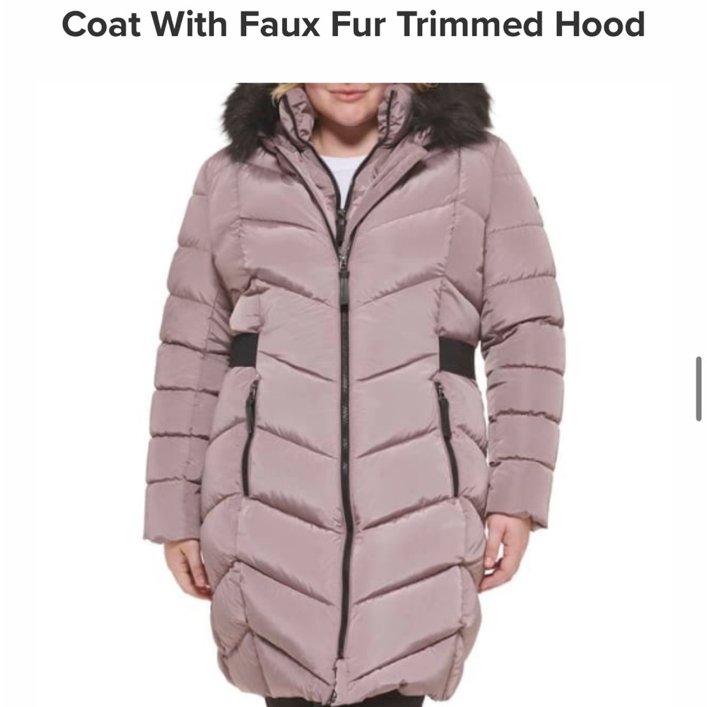 Calvin Klein Mauve Puffer Coat with Faux Fur Hood